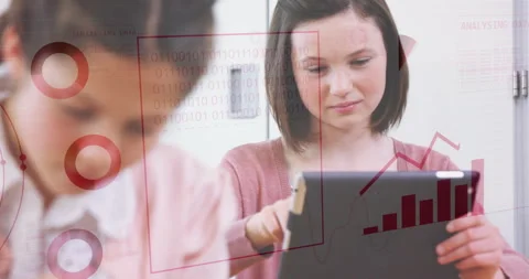 Binary code and data analysis animation over children using tablets Stock Footage 305893485