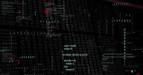 Binary code and data analysis image over dark background with red highlights Stock Illustration