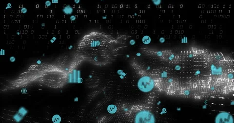 Binary code and data analytics icons over digital landscape animation Stock Footage 306718739