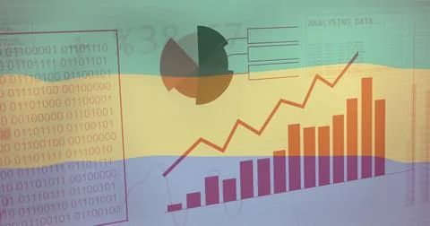 Binary code and data charts image over Gabon flag background Stock Photos