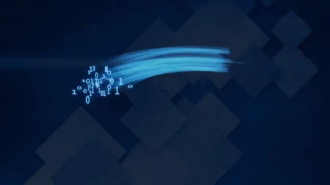 Binary code and data flow animation over geometric shapes on dark background Video stock 304101843
