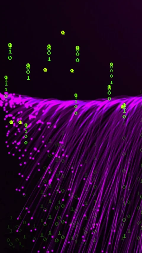 Binary code and data flow over purple fiber optic strands Stock Footage 320093198