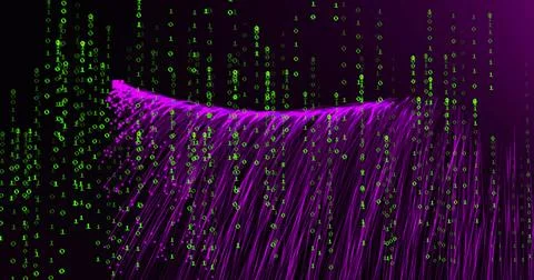 Binary code and data flow image over purple fiber optic strands Stock Illustration