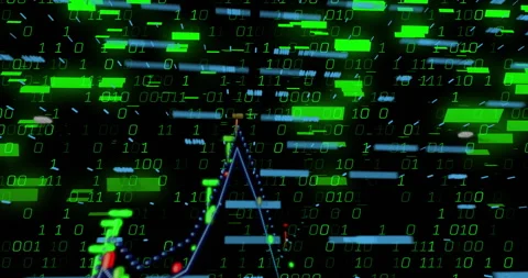 Binary code and data graph animation over green and black background Stock Footage 303739241