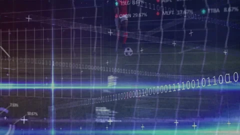 Binary code and data overlay on soccer player in digital grid animation Stock Footage 305488716