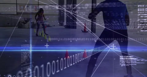 Binary code and data processing animation over people exercising in gym Stock Footage 303616111