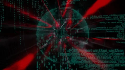 Binary code and data processing animation over red and black digital sphere Stock Footage 303616154