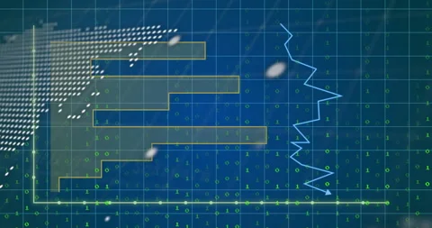 Binary code and data processing animation over blue technical grid background Video stock 303878710