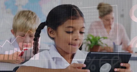 Binary code and data processing animation over children using tablets in Stock Footage 305063256