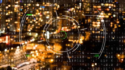 Binary code and data processing animation over city lights at night Stock Footage 305221985
