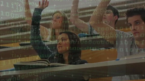 Binary code and data processing animation over students raising hands in Stock Footage 305292660