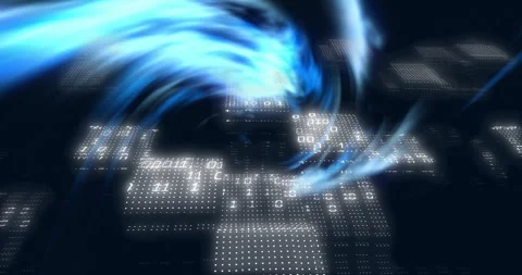 Binary code and data processing animation over swirling blue light effects 库存影片 306339663