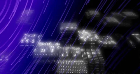 Binary code and data processing animation over digital grid with purple lines Stock Footage 306509668