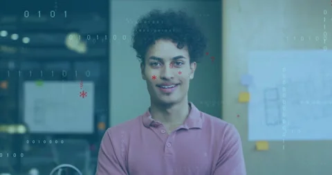 Binary code and data processing animation over smiling young man in office Stock Footage 306637568