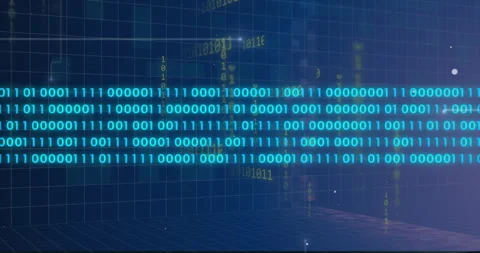 Binary code and data processing animation over digital grid background Stock Footage 306818446