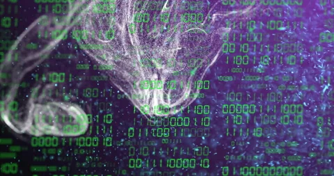 Binary code and data processing over abstract animation of swirling shapes Stock Footage 307661649