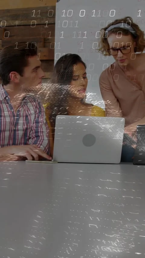 Binary code and data processing animation over diverse business team Stock Footage 320288949
