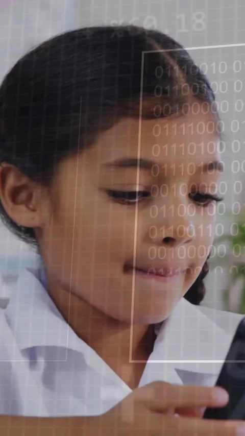 Binary code and data processing animation over children using tablets in Video stock 342954401