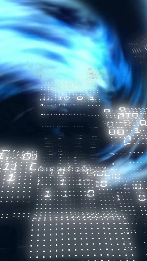 Binary code and data processing animation over swirling blue light effects Video stock 343645302