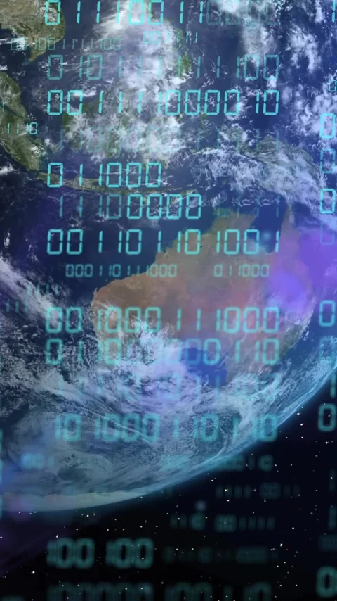 Binary code and data processing over Earth in space, digital technology concept Stock Footage 344244597