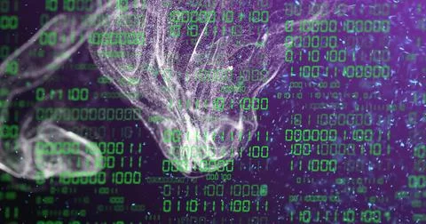 Binary code and data processing over abstract image of swirling shapes イラスト素材