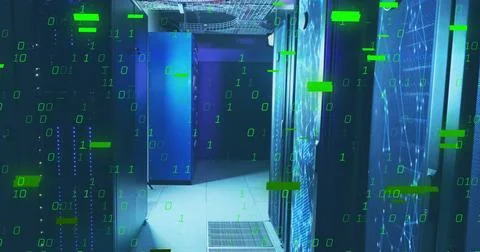 Binary code and data processing image over server room Illustrazione stock