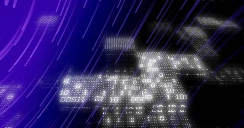 Binary code and data processing image over digital grid with purple lines Stock Illustration