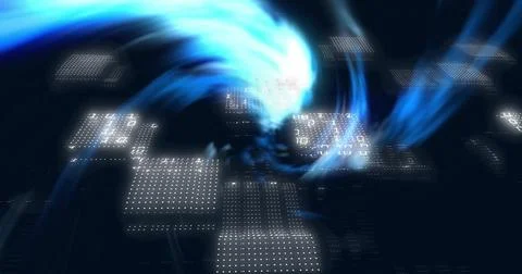 Binary code and data processing image over swirling blue light effects Stock Illustration