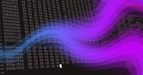 Binary code and data processing image over digital screen with purple highlights Foto stock