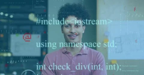 Binary code and data processing image over smiling young man in office Stock Photos
