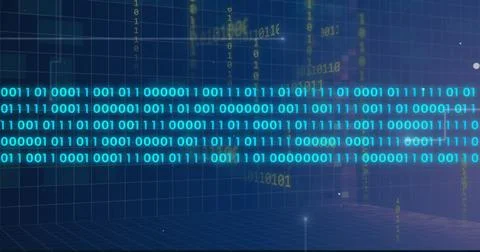 Binary code and data processing image over digital grid background Stock Photos