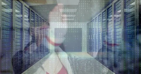 Binary code and data processing image over server room with racks Foto stock