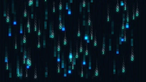 Binary code and data stream animation over dark background with vertical lines Stock Footage 303539184