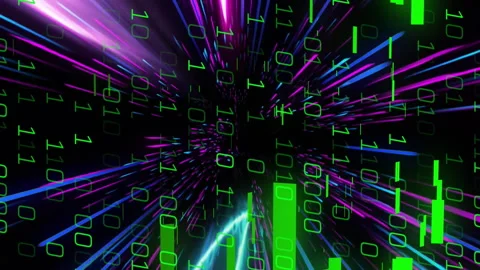Binary code and data stream animation over colorful light streaks Stock Footage 313369968