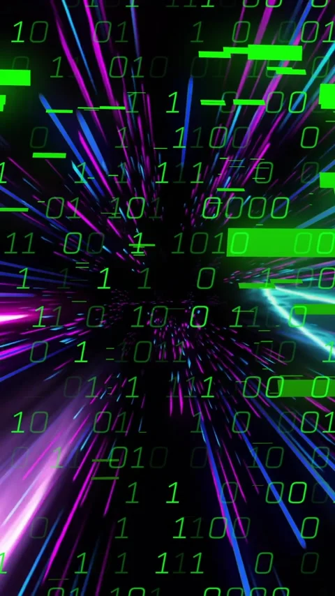 Binary code and data stream animation over colorful light streaks Stock Footage 320093346