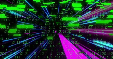 Binary code and data stream image over colorful light streaks Stock Illustration