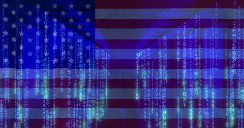 Binary code and data streams animation over American flag background Stock Footage 304767470