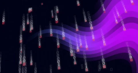 Binary code and data streams over purple and blue waves, digital animation Stock Footage 306339622