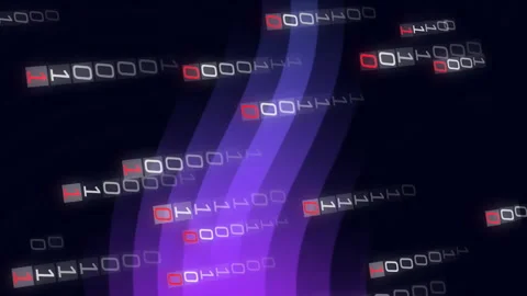 Binary code and data streams over purple and blue waves, digital animation Stock Footage 313095515
