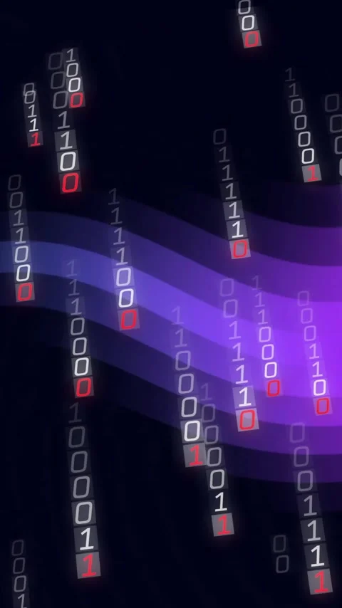 Binary code and data streams over purple and blue waves, digital animation Stock Footage 320093348