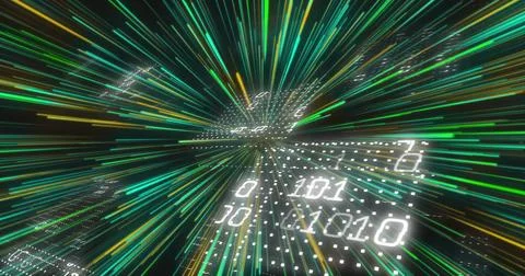 Binary code and data streams in digital matrix image Stock Illustration