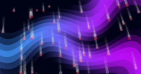 Binary code and data streams over purple and blue waves, digital image Stock Illustration