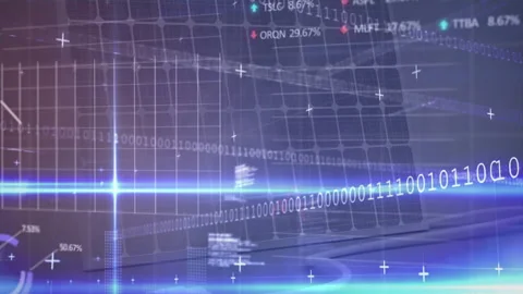 Binary code and data visualization animation over digital financial graphs Video stock 305883956