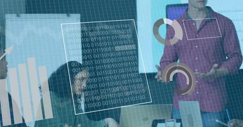 Binary code and data visualization image over business people in office Stock Photos