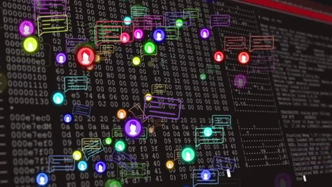 Binary code and digital communication icons animation over black background Stock Footage 304310502