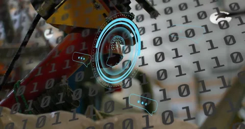 Binary code and digital communication icons over robotic machinery Stock Footage 307736485