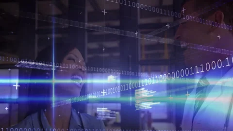 Binary code and digital data animation over people discussing in office Stock Footage 303553915