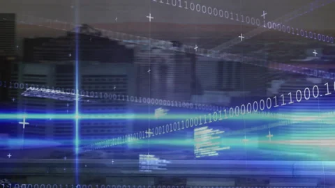 Binary code and digital data processing animation over urban cityscape Stock Footage 304111251