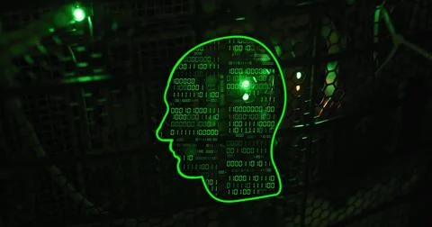 Binary code and digital data processing image over human head silhouette in Foto stock