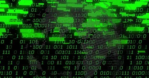 Binary code and digital data processing over pixelated human face image Stock Photos